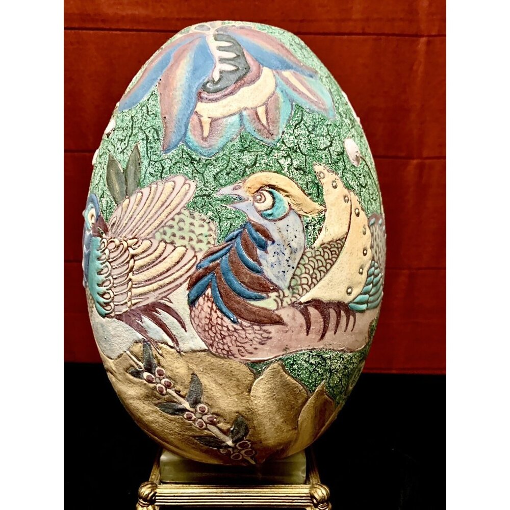 Vintage Chinese 10" Vase Raised Relief Flowers & Birds Gorgeous